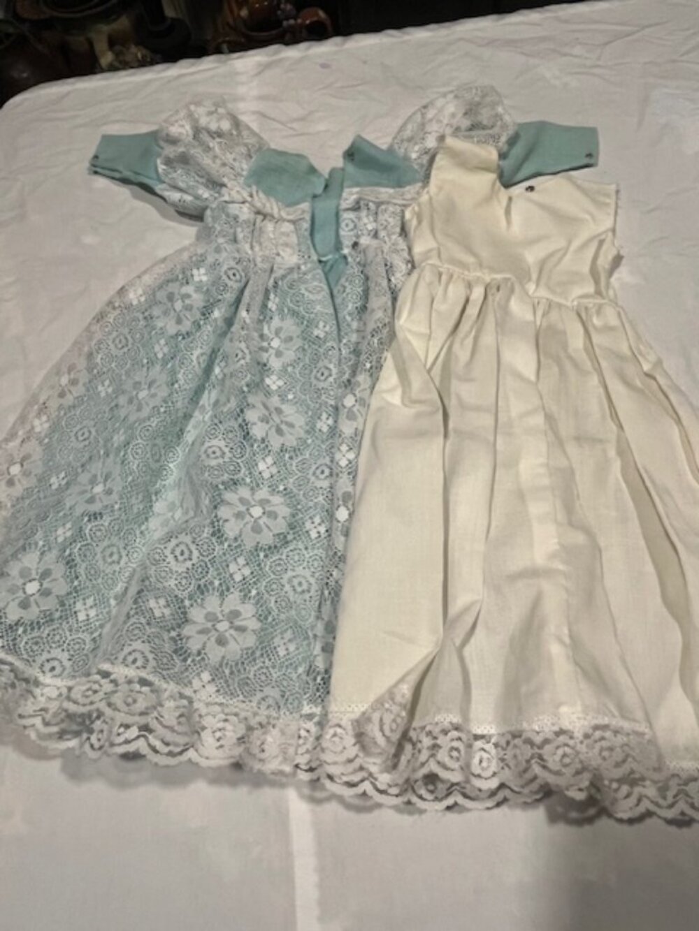 VTG Doll's Fancy Floral Lace Overlay Light Blue Dress w/White Slip (2-Pieces)